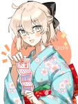  1girl 2023 :d absurdres alternate_costume aqua_kimono black_bow blonde_hair blush bow fate/grand_order fate_(series) floral_print hair_bow highres japanese_clothes kimono looking_at_viewer new_year notice_lines obi okita_souji_(fate) okita_souji_(koha-ace) print_kimono sash shiho_(shihoteifujo) short_hair simple_background smile solo upper_body white_background wide_sleeves yellow_eyes yukata 