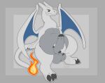 2023 3_fingers 3_toes anthro arlo_(revrevvin) balls big_balls big_penis black_glans blue_wings cafepoke charizard claws feet fingers fire flaming_tail foreskin front_view generation_1_pokemon genitals glans grey_background grey_balls grey_body grey_foreskin grey_penis grey_skin hand_behind_back hand_on_penis hi_res looking_down male masturbation membrane_(anatomy) membranous_wings multicolored_body multicolored_skin nintendo nude orange_eyes overweight overweight_anthro overweight_male partially_retracted_foreskin penis pokemon pokemon_(species) simple_background sitting smile solo tail toe_claws toes two_tone_body two_tone_skin watermark white_body white_skin wings