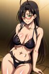  1girl abs black_bra black_panties blush bra brown_hair glasses green_eyes hasegawa_chisato highres igzexcaps navel panties shinmai_maou_no_testament shiny_skin underwear 