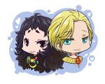  2boys :&gt; ahoge asymmetrical_bangs black_eyes black_hair blonde_hair blue_eyes chibi closed_mouth commentary_request cropped_torso cross_of_prontera eyes_visible_through_hair flowery_peko fur_collar hair_between_eyes heart highres jewelry long_bangs long_hair looking_at_viewer male_focus multiple_boys necklace ragnarok_online short_bangs short_hair simple_background smile sorcerer_(ragnarok_online) sura_(ragnarok_online) upper_body white_background 