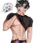  1boy abs alternate_costume animal_ears black_hair black_shirt blue_eyes clothes_lift earrings fangs fox_ears genshin_impact grey_hair guilty_challenge_(meme) hair_between_eyes highres jewelry kirodaze male_focus male_underwear meme multicolored_hair muscular muscular_male navel neuvillette_(genshin_impact) nipple_piercing nipples open_mouth pants piercing scar shirt shirt_lift short_hair solo stomach streaked_hair teeth tongue tongue_out tongue_piercing underwear wriothesley_(genshin_impact) 