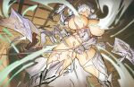 1girl alternate_breast_size armor breasts broken_armor demon_girl demon_horns demon_wings duel_monster grey_eyes grey_hair hair_between_eyes holding holding_sword holding_weapon horns huge_breasts lady_labrynth_of_the_silver_castle lovely_labrynth_of_the_silver_castle melon22 open_mouth pointy_ears sword twintails weapon wings yu-gi-oh! 