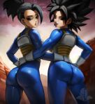  2girls absurdres armor ass black_eyes black_hair blue_bodysuit bodysuit breasts caulifla dragon_ball dragon_ball_super earrings elite_nappa from_behind gloves highres jewelry kale_(dragon_ball) looking_at_viewer looking_back multiple_girls outdoors sky spiked_hair standing wasteland white_gloves 