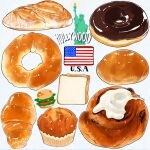  american_flag bread bread_slice burger croissant dessert doughnut food food_focus highres icing miri_illust muffin no_humans original pastry statue_of_liberty 