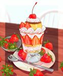  chair cherry dessert food food_focus fruit highres miri_illust no_humans original parfait saucer spoon strawberry table whipped_cream wooden_table 