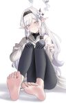  1girl absurdres barefoot black_gloves black_hairband blue_archive buko_(bukosuki) feet flower full_body gloves hair_flower hair_ornament hairband halo highres himari_(blue_archive) jacket long_hair looking_at_viewer pointy_ears purple_halo smile soles white_flower white_hair white_halo white_jacket 