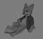 absurd_res anthro big_ears black_clothing black_eyes black_nose black_shirt black_topwear bodily_fluids canid canine clothing cum cum_on_body disney fenecoou fennec feral finnick_(zootopia) fox fur genital_fluids grey_background grey_body grey_fur greyscale hi_res male mammal monochrome shirt simple_background solo sweat topwear zootopia