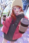  1girl :d black_hoodie blush brown_hair coffee coffee_cup commentary_request cup disposable_cup eyelashes happy highres hijiri_ageha hirogaru_sky!_precure holding holding_cup hood hoodie jacket long_hair looking_at_viewer moro_precure open_mouth pink_eyes pink_jacket precure smile snow solo standing winter_clothes 
