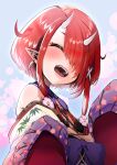  1girl closed_eyes earrings fangs hair_over_one_eye happy highres hoozuki_warabe horns jewelry kajimakoto noripro oni_horns open_mouth red_hair smile solo virtual_youtuber 