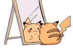  :3 blush_stickers closed_mouth fat fat_pikachu_(meme) full_body highres meme mirror no_humans pikachu pokemon pokemon_(creature) simple_background solo standing white_background zuxu_zz 