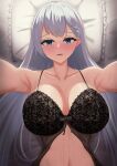  1girl alternate_costume azur_lane babydoll belfast_(azur_lane) black_bra blue_eyes blush bra breasts commentary_request grey_hair highres huge_breasts long_hair looking_at_viewer lying nightgown on_back organ3432 pillow pov see-through solo underwear very_long_hair 