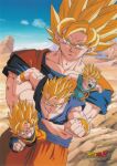  1990s_(style) 4boys aqua_eyes blonde_hair brothers copyright_name copyright_notice crossed_arms day dougi dragon_ball dragon_ball_z father_and_son highres looking_at_viewer male_focus multiple_boys muscular muscular_male non-web_source official_art open_mouth outdoors retro_artstyle short_hair siblings single_bang sleeveless smile son_gohan son_goku son_goten spiked_hair super_saiyan super_saiyan_1 trunks_(dragon_ball) wasteland wristband 