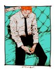  1boy alexander_(veil) belt blue_background cigarette cigarette_pack commentary couch dated from_above holding holding_cigarette_pack kotteri male_focus necktie on_couch orange_hair rectangle shirt short_hair sitting solo symbol-only_commentary veil_(manga) watch wristwatch 