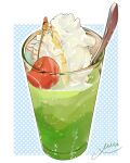  cherry cream_soda cup drink drinking_glass food food_focus fruit highres miri_illust no_humans original spoon whipped_cream 