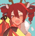  1girl :3 animal_ears antlers bare_shoulders blue_background blush candy candy_cane christmas commentary deer_ears drill_hair english_commentary fake_animal_ears fang food fur_collar gift gloves holding holding_gift ianxy2 kasane_teto looking_at_viewer one_eye_closed open_mouth red_eyes red_hair reindeer_antlers smile solo twin_drills upper_body utau 