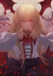  1girl absurdres bat_(animal) black_skirt blonde_hair fangs granblue_fantasy head_wings heart heart_hands highres kira_guil one_eye_closed petals pointy_ears red_eyes red_nails shingeki_no_bahamut skirt vampy wings 