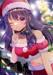  1girl bare_shoulders black_bow black_choker black_hair blurry blurry_background bow braid breasts choker christmas christmas_tree cleavage collarbone crop_top depth_of_field fur-trimmed_headwear fur-trimmed_sleeves fur_trim grin hair_between_eyes hair_ornament hairclip hand_up hat indie_virtual_youtuber kou_hiyoyo long_hair medium_breasts midriff nagino_mashiro navel one_eye_closed puffy_short_sleeves puffy_sleeves purple_eyes red_headwear santa_hat short_sleeves smile solo star_(symbol) very_long_hair virtual_youtuber 