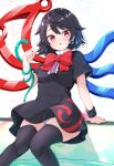  1girl :o arm_support asymmetrical_wings black_dress black_hair black_thighhighs blue_wings blush breasts commentary_request dress houjuu_nue looking_at_viewer medium_breasts red_eyes red_wings rururiaru short_hair short_sleeves sitting snake solo thighhighs touhou wings zettai_ryouiki 