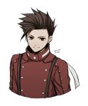  1boy brown_eyes brown_hair cropped_torso dated high_collar hiryuu_(kana_h) jacket lloyd_irving looking_at_viewer male_focus red_jacket short_hair signature simple_background smile solo spiked_hair suspenders tales_of_(series) tales_of_symphonia upper_body white_background 