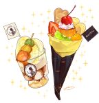  cherry crepe cup food food_focus fruit highres ice_cream kiwi_(fruit) kiwi_slice miri_illust no_humans original sparkle whipped_cream 