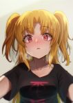  1girl akatsuki_uni ankoku_kishi_m black_shirt blonde_hair blush breasts breath clothes_writing collarbone drooling highres long_hair looking_at_viewer nose_blush parted_bangs parted_lips pov raised_eyebrows red_eyes saliva shirt short_sleeves small_breasts solo sweat t-shirt two_side_up uni_create upper_body virtual_youtuber white_background wide-eyed 