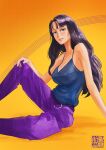  1girl absurdres aliasartworks black_hair blue_camisole blue_eyes breasts camisole english_commentary eyelashes highres light_smile long_hair looking_at_viewer nico_robin one_piece orange_background pants pink_lips purple_pants simple_background sitting solo 