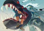  1boy 1other aqua_hoodie brown_footwear brown_shorts canti cape cloud cloudy_sky fangs flcl highres monster nandaba_naota open_mouth robot saliva shorts sky television tss-mire 