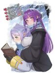  1girl 2girls blunt_bangs blush book breast_press breasts bright_pupils dress elf fern_(sousou_no_frieren) frieren height_difference holding holding_book hug hug_from_behind large_breasts long_hair long_sleeves multiple_girls open_book pointy_ears purple_eyes purple_hair reading sin_(sintrybest) sousou_no_frieren white_dress 