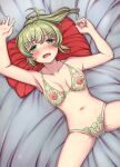  1girl ahoge anna_mel armpits arms_up bare_arms bed_sheet blush bra breasts collarbone from_above green_bra green_eyes green_hair green_panties highres lace-trimmed_bra lace-trimmed_panties lace_trim lingerie long_hair looking_at_viewer lying magia_record:_mahou_shoujo_madoka_magica_gaiden mahou_shoujo_madoka_magica medium_breasts navel nipples on_back on_bed open_mouth panties pillow ponytail see-through solo sphere_stone spread_legs stomach underwear underwear_only 