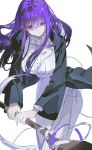  1girl absurdres black_jacket blunt_bangs closed_mouth cowboy_shot dress expressionless fern_(sousou_no_frieren) highres holding holding_staff jacket long_hair marurodo purple_eyes purple_hair sidelocks simple_background solo sousou_no_frieren staff white_background white_dress 