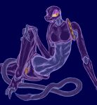 4_fingers 4_toes alien anthro axentooth bedroom_eyes crossed_legs exoskeleton feet female fingers flat_belly hand_on_knee hand_on_leg larry_(axentooth) leaning long_tail lying midriff narrowed_eyes navel on_side ribs sclantra seductive sitting slim small_waist solo tail toes