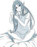  1girl adjusting_hair barefoot blanket collarbone crossed_legs expressionless highres indian_style kasezawa_miki long_hair monochrome original pointy_ears shirt simple_background sitting sketch solo toenails 