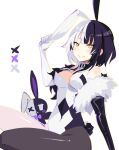  1girl :&gt; animal_ears asymmetrical_gloves bare_shoulders black_collar black_gloves black_hair black_leotard bunny_day closed_mouth collar fake_animal_ears feather_boa frilled_collar frills gloves grey_hair hand_on_own_ear highres hololive hololive_english kasumi_koujou leotard long_hair looking_at_viewer mismatched_gloves multicolored_hair playboy_bunny pulling_own_ear rabbit rabbit_ears rabbit_tail shiori_novella single_leg_pantyhose smile solo split-color_hair strapless strapless_leotard stuffed_animal stuffed_toy tail two-tone_hair two-tone_leotard virtual_youtuber white_background white_gloves white_leotard yellow_eyes 