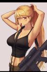  1girl 3_small_spiders absurdres armpits arms_behind_head black_shirt blonde_hair breasts brown_pants character_request cleavage closed_mouth collarbone copyright_request feet_out_of_frame girls&#039;_frontline highres long_hair looking_at_viewer medium_breasts mouth_hold navel original pants ponytail purple_eyes shirt solo standing weapon_request white_background 