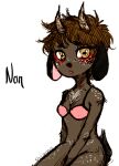 &lt;3 2_horns anthro artist_name black_nose blush bottomless bovid bra bra_only breasts brown_body brown_fur brown_hair caprine character_name chest_tuft cleavage clothed clothing eyebrow_through_hair eyebrows female fur goat hair horn lips mammal medium_breasts nan_(nq) nan_quest pink_bra pink_clothing pink_underwear scut_tail short_tail simple_background sitting solo spots sym69ls tail three-quarter_view translucent translucent_hair tuft underwear underwear_only white_background white_body white_fur white_spots yellow_eyes