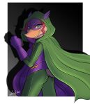 anatid anseriform anthro avian bird breasts brown_body brown_feathers cape clothing darkwing_duck disney duck ducktales ducktales_(2017) feathers female gosalyn_mallard gosalyn_waddlemeyer green_clothing hair hi_res hood looking_at_viewer lunula_(artist) non-mammal_breasts purple_clothing quiverwing_quack red_hair smile solo superhero superhero_costume