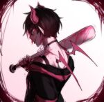  1boy artist_name baseball_bat black_choker black_hoodie black_nails choker demon_boy demon_horns from_side highres holding holding_baseball_bat hood hoodie horns mini_wings nail_polish off_shoulder original pan_(panqlao) panqlao pink_eyes profile red_background red_hoodie short_hair tongue tongue_out upper_body white_background wings 