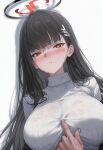  1girl absurdres ai-generated black_hair blue_archive blush breasts highres huge_breasts jo_sumi looking_at_viewer red_eyes rio_(blue_archive) shirt sweater turtleneck turtleneck_sweater wet wet_clothes wet_shirt 