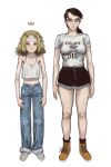  2girls absurdres black_eyes black_hair black_shorts blonde_hair bloodshot_eyes camisole chudjak coomer_(meme) crown denim full_body glasses height_difference highres jeans meme messy_hair midriff mossacannibalis multiple_girls navel original pants print_shirt shirt shorts standing white_camisole white_shirt 