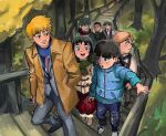  1girl 6+boys almondpiglet black_eyes black_hair blonde_hair blue_coat blue_scarf brown_coat character_request closed_mouth coat commentary english_commentary forest green_scarf grey_pants highres inugawa_mameta kageyama_shigeo kurata_tome long_sleeves mob_psycho_100 multiple_boys nature open_mouth outdoors painterly pants reigen_arataka scarf shoes short_hair smile stairs tree walking 