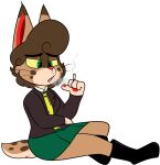 2017 4_fingers alpha_channel anthro biped black_boots black_clothing black_eyebrows black_footwear black_jacket black_pupils black_topwear blowing_smoke bodily_fluids boots bottomwear breasts brown_markings brown_spots cheek_tuft chokovit_(artist) cigarette cigarette_smoke clothed clothed_anthro clothed_female clothing colored countershade_face countershade_fur countershade_neck countershade_tail countershading curled_hair digital_drawing_(artwork) digital_media_(artwork) dipstick_ears ear_tuft eyebrow_through_hair eyebrows facial_tuft felid feline female female_anthro fingers footwear fur fur_tuft furgonomics gloves_(marking) green_bottomwear green_clothing green_eyes green_skirt hair hi_res jacket leather leather_clothing leather_jacket leather_topwear lucy_wattson lynx mammal markings multicolored_ears necktie open_clothing open_jacket open_topwear pattern_necktie pawpads pleated_skirt prick_ears pupils red_inner_ear red_nose red_pawpads red_tongue scut_tail shirt short_tail simple_background sitting skirt smoke smoking smoking_cigarette solo spots spotted_body spotted_cheeks spotted_fur spotted_markings spotted_tail striped_necktie sweat sweatdrop tail tail_markings tail_through_skirt tan_body tan_countershading tongue topwear translucent translucent_hair transparent_background tuft vest white_clothing white_shirt white_topwear yellow_clothing yellow_necktie yellow_sclera yellow_topwear yellow_vest
