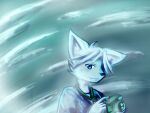 anthro arctic_fox black_nose blue_clothing blue_eyes blue_shirt blue_topwear camera canid canine clothed clothing echo_(repeat) fox fur hair looking_at_viewer male mammal repeat_(visual_novel) shirokoi shirt smile smirk solo solo_focus topwear undershirt visual_novel white_body white_fur white_hair