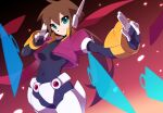 1girl aile_(mega_man_zx) armor breasts brown_hair cropped_jacket crotch_plate energy_blade green_eyes jacket kaidou_zx kunai long_hair mask mega_man_(series) mega_man_zx mega_man_zx_advent model_px_(mega_man) power_armor purple_jacket red_scarf scarf small_breasts solo weapon 