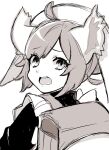  1girl animal_ears cowlick fire_emblem fire_emblem_engage fire_emblem_heroes gau_fe glowing_ears greyscale highres looking_at_viewer maid_headdress monochrome open_mouth ratatoskr_(fire_emblem) solo squirrel_ears squirrel_girl teeth upper_teeth_only 