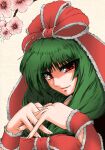  1girl arm_ribbon bow frilled_bow frilled_ribbon frills front_ponytail green_eyes kagiyama_hina looking_at_viewer red_bow red_eyes red_ribbon ribbon smile solo touhou yazuki_gennojou 