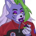 1:1 2023 5_fingers anthro artist_name beauty_mark black_eyes canid canine canis cheek_tuft clothing colored_nails eyebrows eyelashes eyeshadow facial_tuft female fingers five_nights_at_freddy&#039;s five_nights_at_freddy&#039;s:_security_breach fur green_highlights grey_hair hair half-closed_eyes hi_res highlights_(coloring) jacket lips lipstick long_hair looking_at_viewer makeup mammal nails narrowed_eyes pulred purple_body purple_fur roxanne_wolf_(fnaf) scottgames sharp_nails solo steel_wool_studios teeth text thick_lips topwear tuft url wolf yellow_eyes