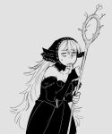  1girl biting breasts chimeracauldron cleavage dress dungeon_meshi greyscale holding holding_staff hood long_hair marcille monochrome nail_biting solo staff standing sweatdrop 
