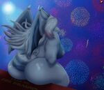 anthro big_breasts big_butt blue_body blue_scales breasts butt chinese_zodiac dragon fangs female fireworks flowing_hair hair hair_over_eye hi_res highlights_(coloring) holidays horn light long_hair moon moonlight new_year new_year_2024 night nipples non-mammal_breasts nude one_eye_obstructed rear_view red_hair sabertooth_(anatomy) scales sitting smile solo stylish_apollo tail tail_aside tail_fluff teeth white_hair wings year_of_the_dragon zenchi_hasagami