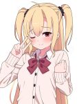  1girl ahoge alternate_costume arihara_nanami black_scrunchie blonde_hair blush bow brown_cardigan cardigan clenched_hand closed_mouth embarrassed eyes_visible_through_hair frown hair_between_eyes hair_ornament hair_scrunchie hands_up highres long_hair looking_at_viewer one_eye_closed red_bow red_eyes riddle_joker scrunchie sleeves_past_wrists solo split_mouth straight_hair sweatdrop two_side_up upper_body v v_over_eye very_long_hair zlmh7okwwbmghfo 