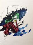  1girl ascot colored_skin commentary_request flat_chest frilled_umbrella frills green_eyes green_hair hair_over_one_eye highres holding holding_umbrella kaigen_1025 kazami_yuuka kazami_yuuka_(pc-98) long_hair long_sleeves open_clothes open_vest pants parasol plaid plaid_pants plaid_vest red_pants red_vest shirt simple_background sitting socks solo touhou touhou_(pc-98) umbrella vest white_background white_shirt white_skin white_socks yellow_ascot 